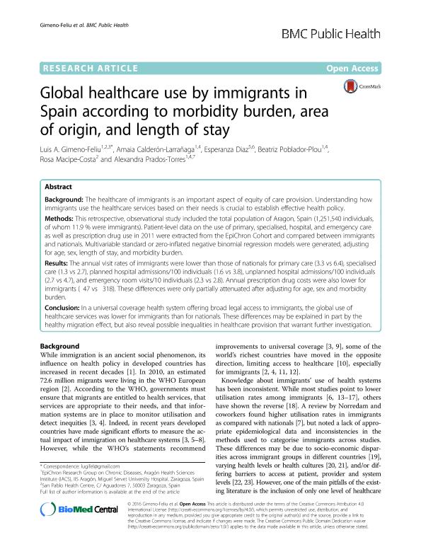 Global healthcare use by immigrants in Spain according to morbidity burden, area of origin, and length of stay
