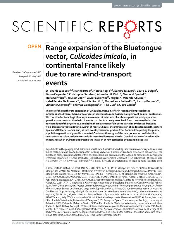 Range expansion of the Bluetongue vector, Culicoides imicola, in continental France likely due to rare wind-transport events