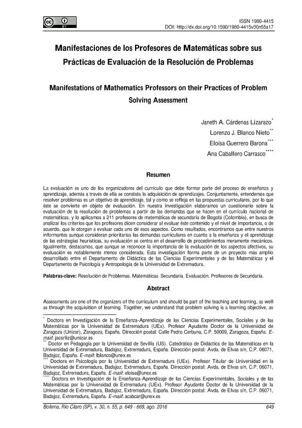 Manifestaciones de los Profesores de Matemáticas sobre sus Prácticas de Evaluación de la Resolución de Problemas