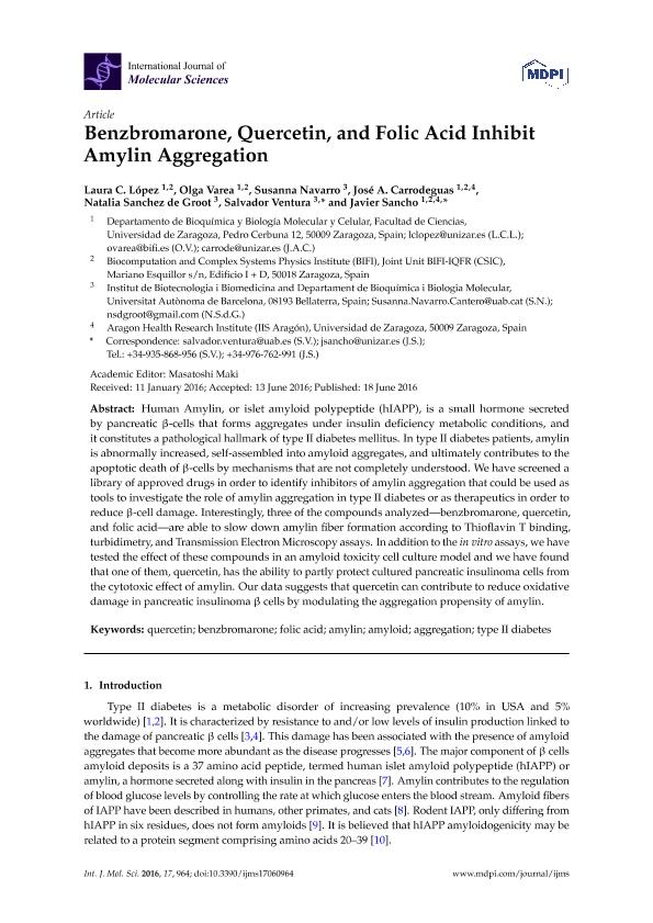Benzbromarone, quercetin, and folic acid inhibit amylin aggregation