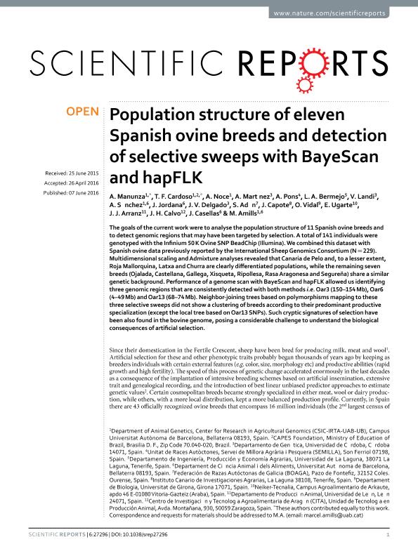 Population structure of eleven Spanish ovine breeds and detection of selective sweeps with BayeScan and hapFLK