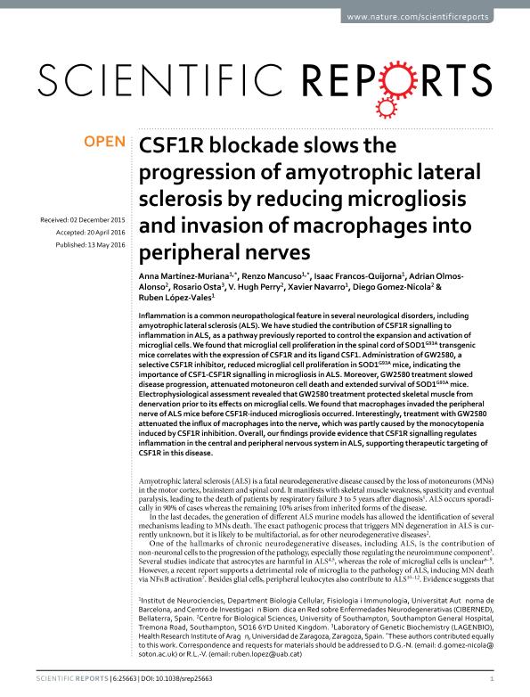 CSF1R blockade slows the progression of amyotrophic lateral sclerosis by reducing microgliosis and invasion of macrophages into peripheral nerves