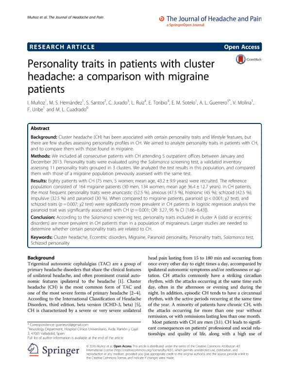 Personality traits in patients with cluster headache: a comparison with migraine patients