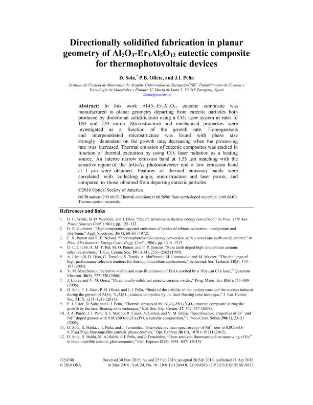 Directionally solidified fabrication in planar geometry of Al2O3-Er3Al5O12 eutectic composite for thermophotovoltaic devices