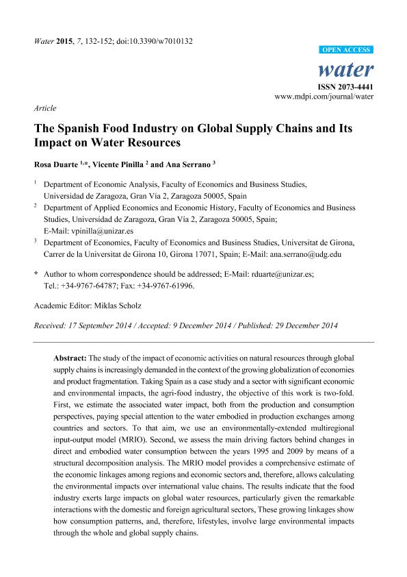 The Spanish food industry on global supply chains and its impact on water resources