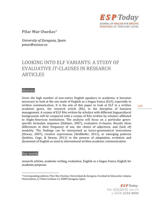 Looking into ELF variants: A study of evaluative it-clauses in research articles