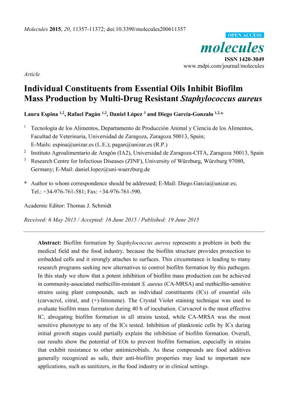 Individual constituents from essential oils inhibit biofilm mass production by multi-drug resistant staphylococcus aureus