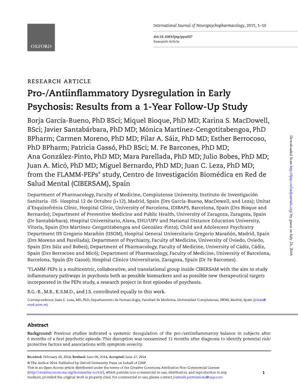 Pro-/antiinflammatory dysregulation in early psychosis: Results from a 1-year follow-Up study