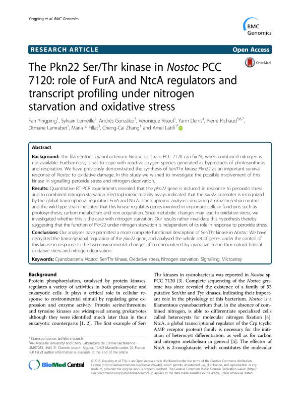 The Pkn22 Ser/Thr kinase in Nostoc PCC 7120: Role of FurA and NtcA regulators and transcript profiling under nitrogen starvation and oxidative stress