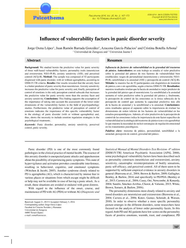 Influence of vulnerability factors in panic disorder severity