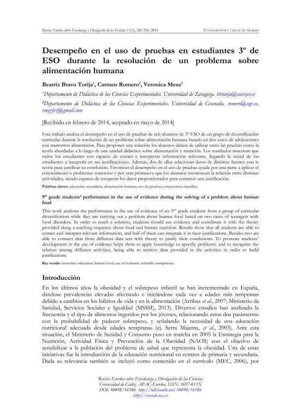 Desempeño en el uso de pruebas en estudiantes 3º de ESO durante la resolución de un problema sobre alimentación humana