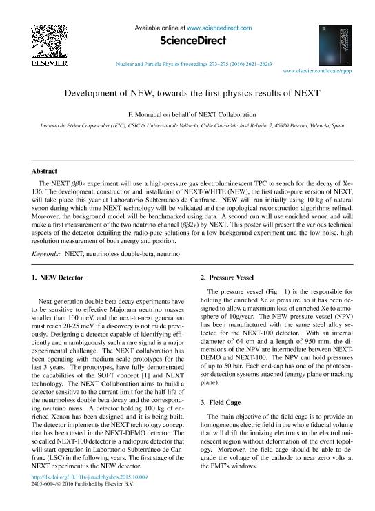 Development of NEW, towards the first physics results of NEXT