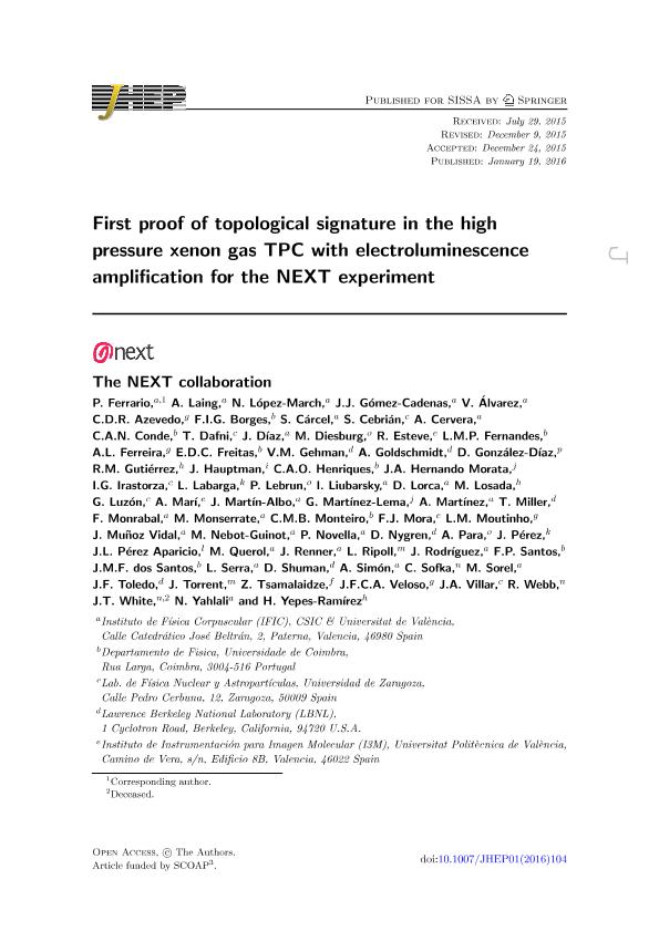 First proof of topological signature in the high pressure xenon gas TPC with electroluminescence amplification for the NEXT experiment