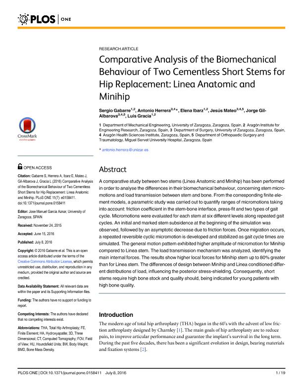 Comparative Analysis of the Biomechanical Behaviour of Two Cementless Short Stems for Hip Replacement: Linea Anatomic and Minihip