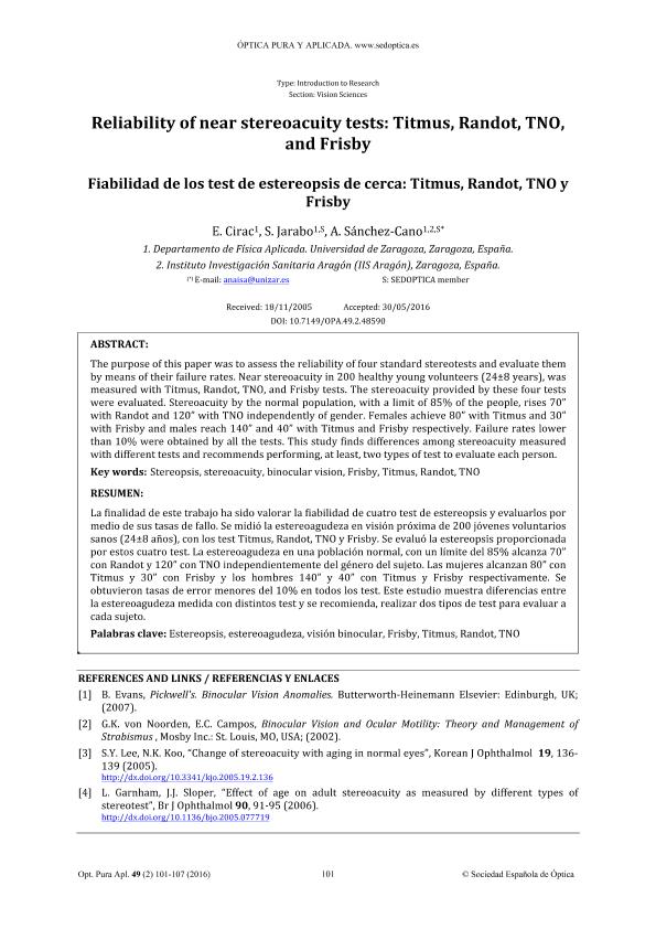 Fiabilidad de los test de estereopsis de cerca: Titmus, Randot, TNO y Frisby