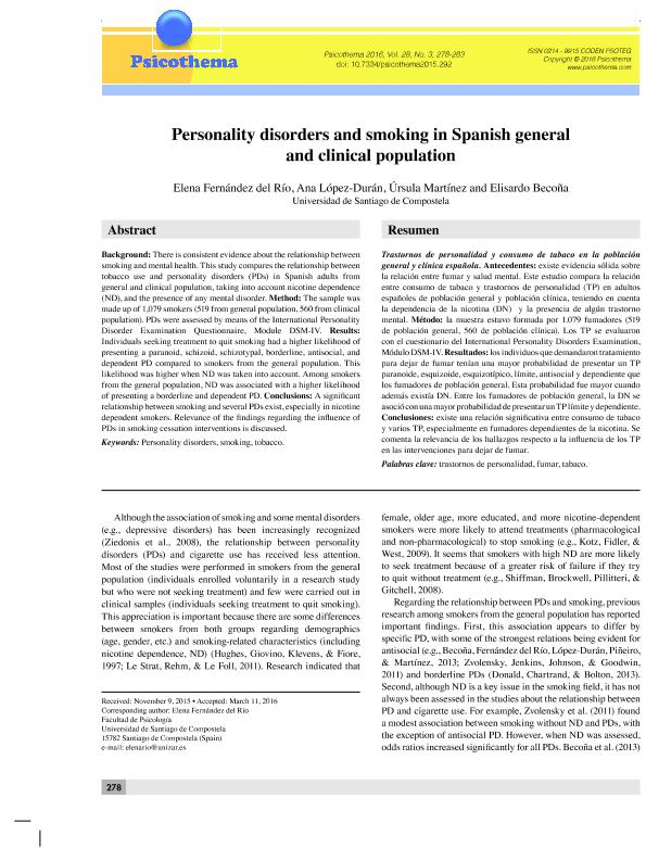 Personality disorders and smoking in Spanish general and clinical population