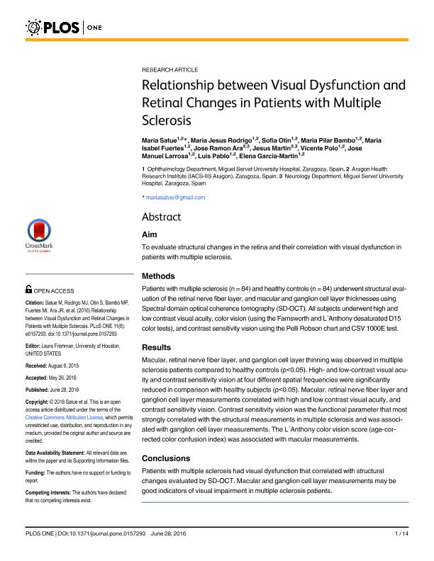 Relationship between visual dysfunction and retinal changes in patients with multiple sclerosis.