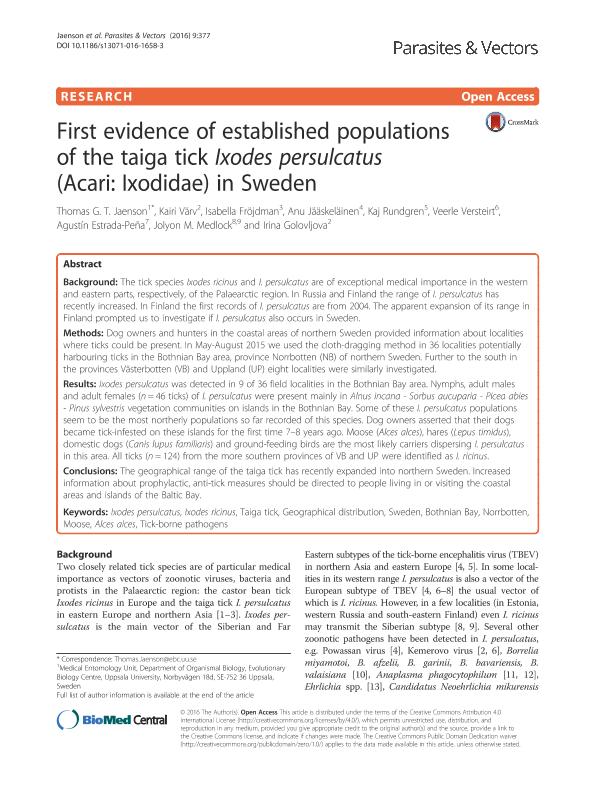 First evidence of established populations of the taiga tick Ixodes persulcatus (Acari: Ixodidae) in Sweden