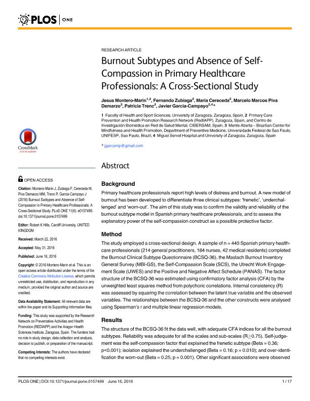 Burnout subtypes and absence of self-compassion in primary healthcare professionals: A cross-sectional study