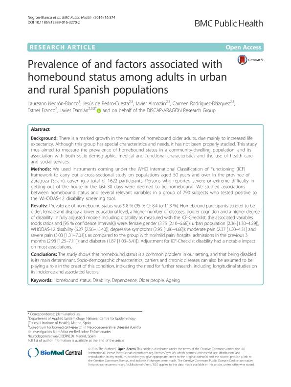 Prevalence of and factors associated with homebound status among adults in urban and rural Spanish populations