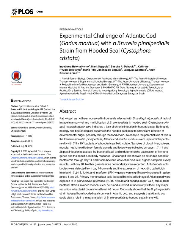 Experimental challenge of atlantic cod (Gadus morhua) with a brucella pinnipedialis strain from hooded seal (Cystophora cristata)