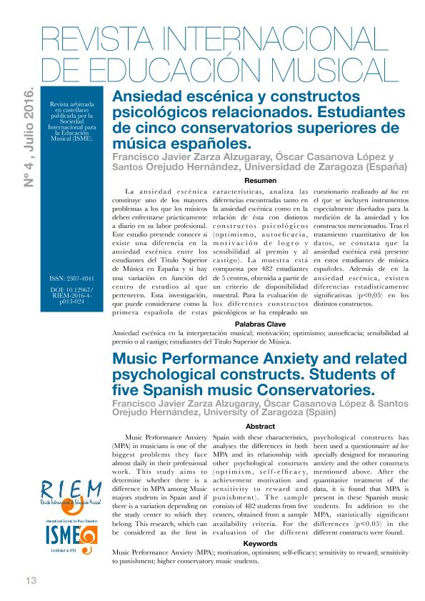 Ansiedad escénica y constructos psicológicos relacionados. Estudiantes de cinco conservatorios superiores de música españoles