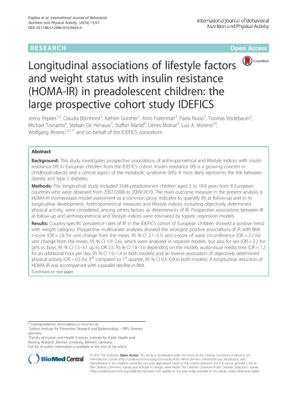 Longitudinal associations of lifestyle factors and weight status with insulin resistance (HOMA-IR) in preadolescent children: The large prospective cohort study IDEFICS