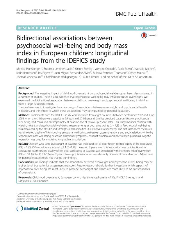 Bidirectional associations between psychosocial well-being and body mass index in European children: Longitudinal findings from the IDEFICS study