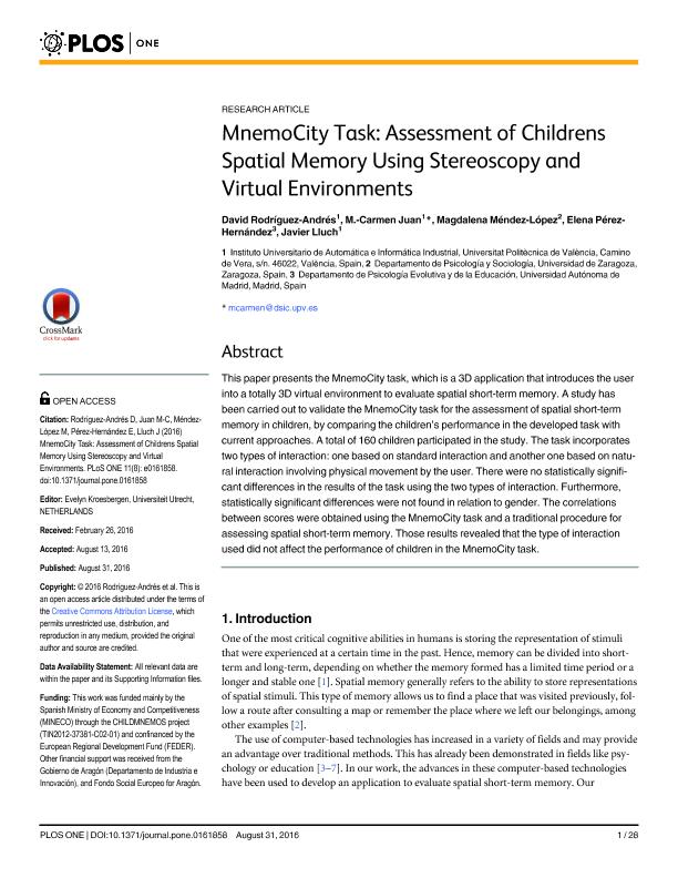 MnemoCity task: Assessment of childrens spatial memory using stereoscopy and virtual environments