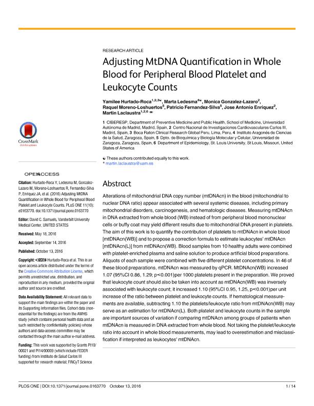 Adjusting MtDNA quantification in whole blood for peripheral blood platelet and leukocyte counts