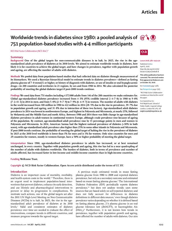 Worldwide trends in diabetes since 1980: A pooled analysis of 751 population-based studies with 4.4 million participants