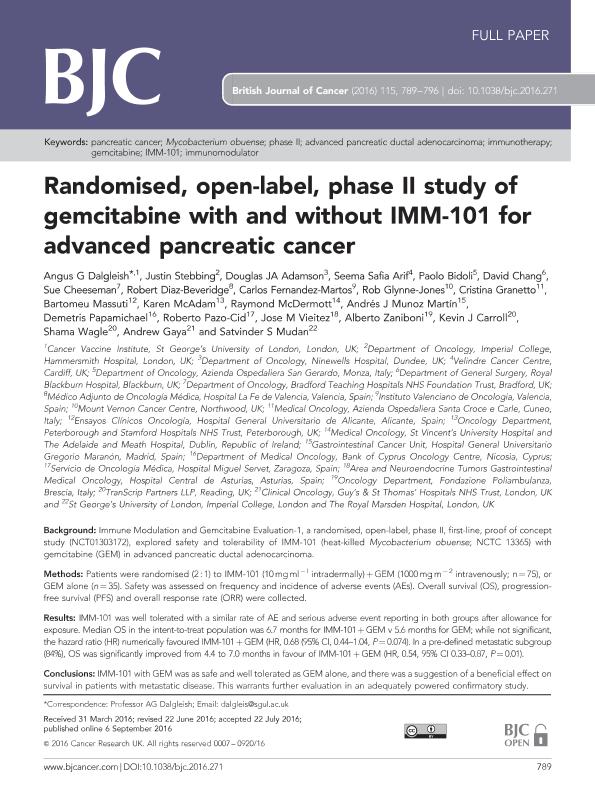 Randomised, open-label, phase II study of gemcitabine with and without IMM-101 for advanced pancreatic cancer