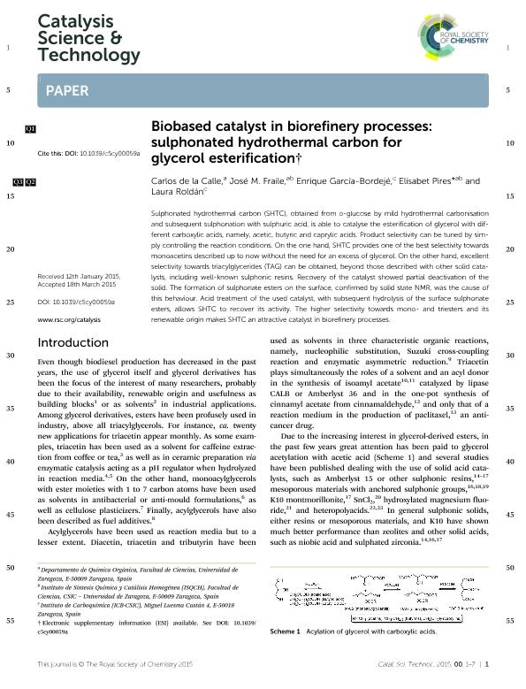 Biobased catalyst in biorefinery processes: Sulphonated hydrothermal carbon for glycerol esterification