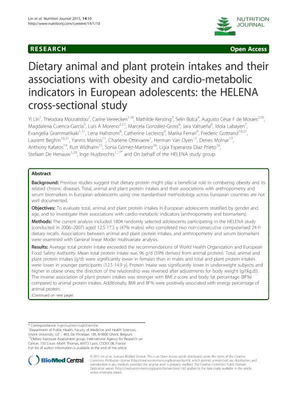 Dietary animal and plant protein intakes and their associations with obesity and cardio-metabolic indicators in European adolescents: The HELENA cross-sectional study