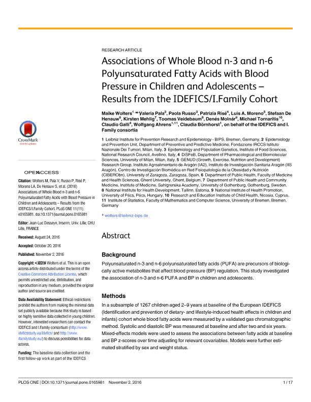 Associations of whole blood n-3 and n-6 polyunsaturated fatty acids with blood pressure in children and adolescents -results from the IDEFICS/I.Family cohort