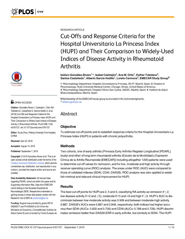 Cut-offs and response criteria for the Hospital Universitario la Princesa Index (HUPI) and their comparison to widely-used indices of disease activity in rheumatoid arthritis