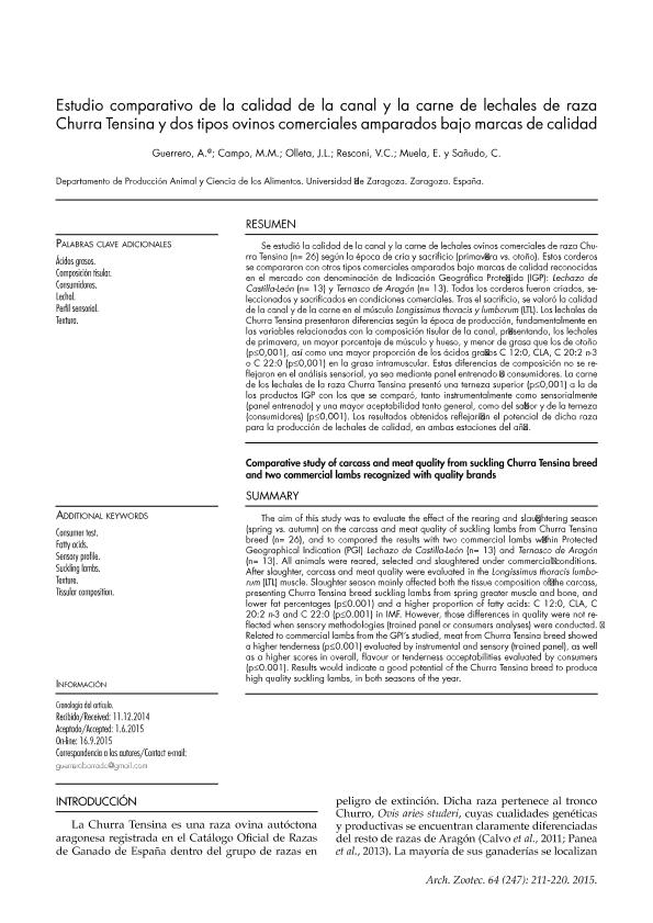 Estudio comparativo de la calidad de la canal y la carne de lechales de raza Churra Tensina y dos tipos ovinos comerciales amparados bajo marcas de calidad