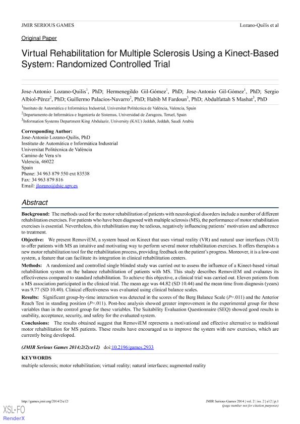 Virtual rehabilitation for multiple sclerosis using a Kinect-based system: randomized controlled trial