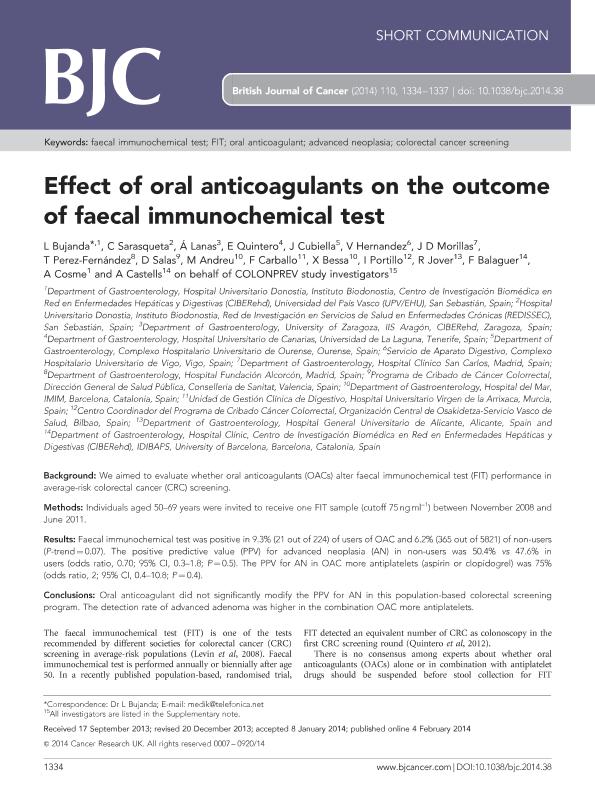 Effect of oral anticoagulants on the outcome of faecal immunochemical test