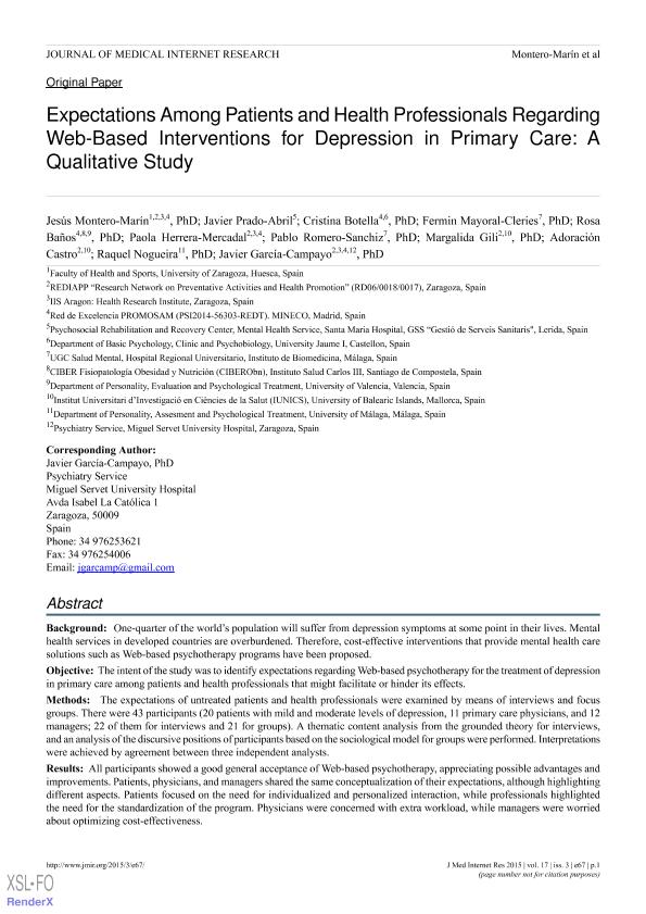 Expectations among patients and health professionals regarding Web-based interventions for depression in primary care: A qualitative study