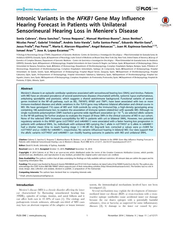 Intronic variants in the NFKB1 gene may influence hearing forecast in patients with unilateral sensorineural hearing loss in meniere's disease