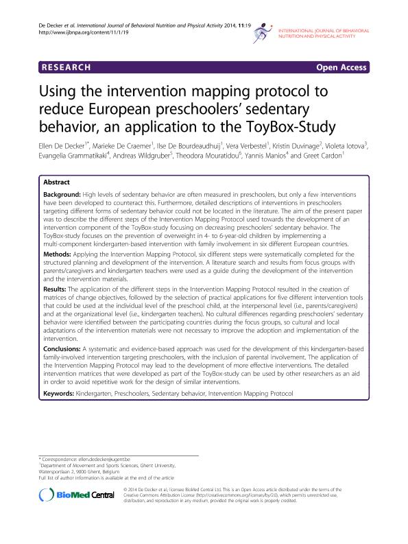 Using the intervention mapping protocol to reduce European preschoolers' sedentary behavior, an application to the ToyBox-Study