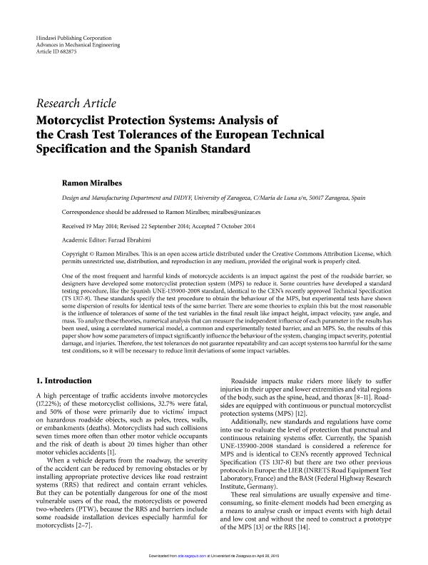 Motorcyclist Protection Systems: Analysis of the Crash Test Tolerances of the European Technical Specification and the Spanish Standard