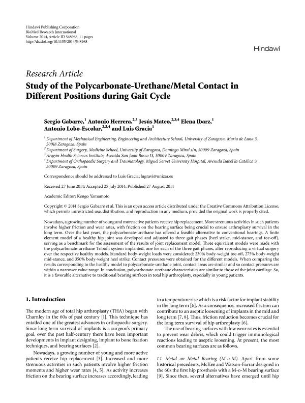 Study of the polycarbonate-urethane/metal contact in different positions during gait cycle