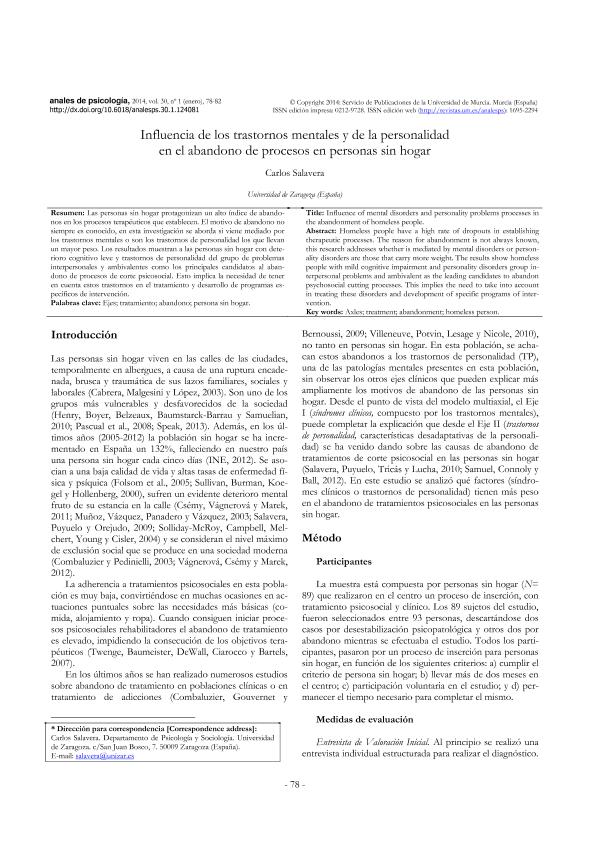 Influencia de los trastornos mentales y de la personalidad en el abandono de procesos en personas sin hogar