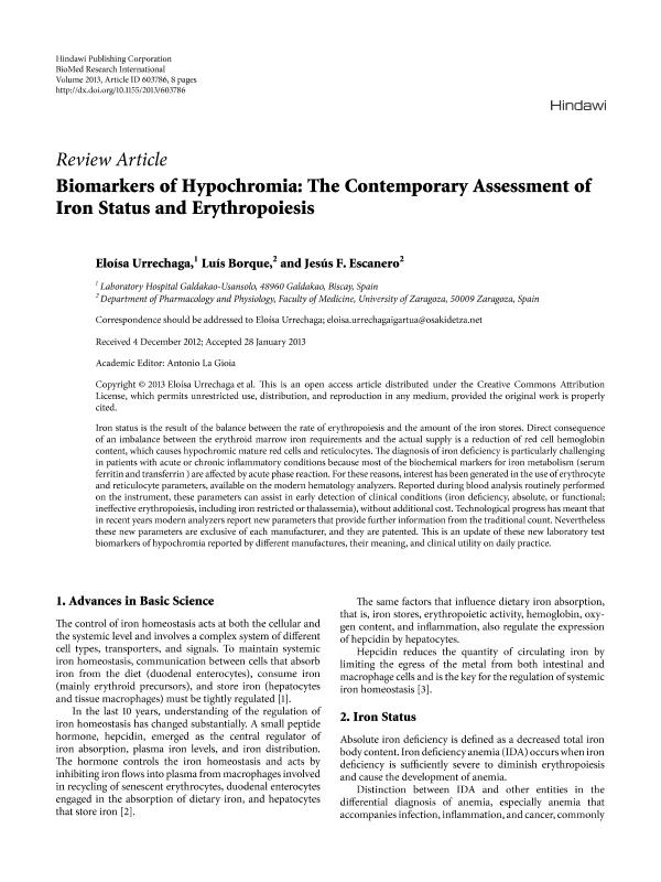 Biomarkers of hypochromia: The contemporary assessment of iron status and erythropoiesis