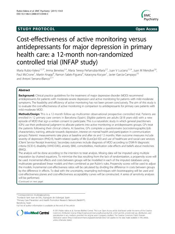 Cost-effectiveness of active monitoring versus antidepressants for major depression in primary health care: A 12-month non-randomized controlled trial (INFAP study)