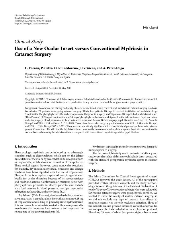 Use of a new ocular insert versus conventional mydriasis in cataract surgery