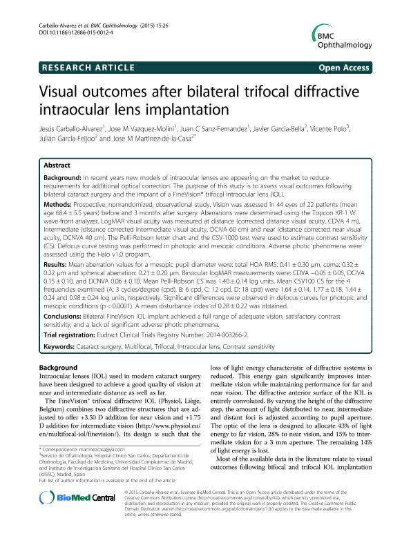 Visual outcomes after bilateral trifocal diffractive intraocular lens implantation Cataract and refractive surgery