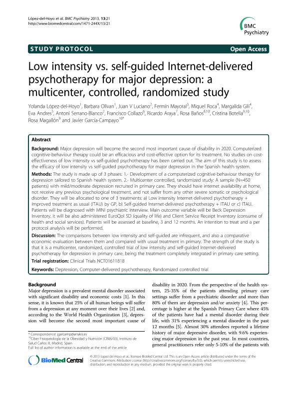 Low intensity vs. self-guided Internet-delivered psychotherapy for major depression: A multicenter, controlled, randomized study